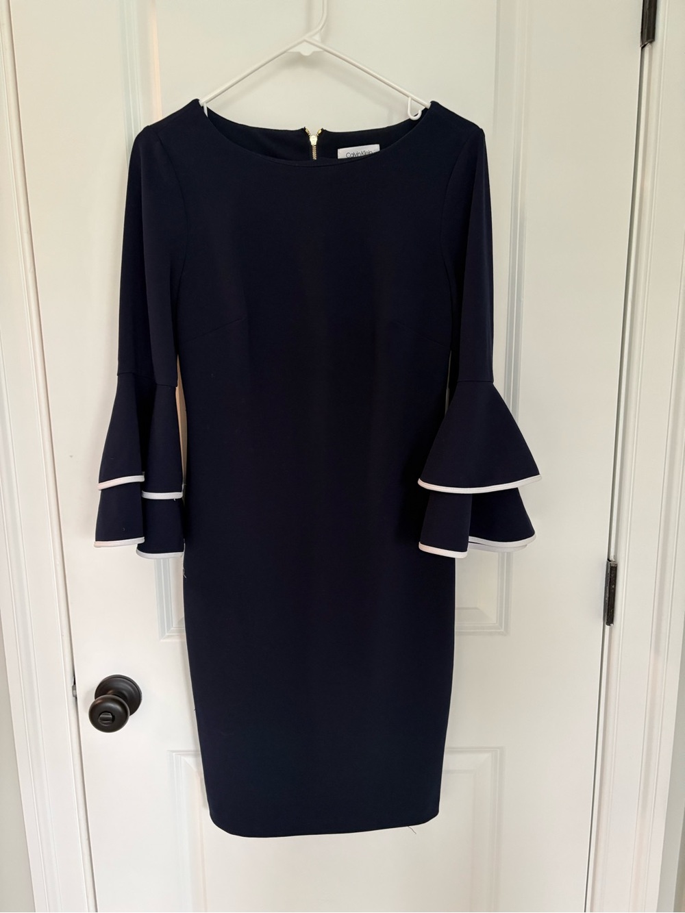 Calvin Klein Navy Midi Sheath Dress with Layered Bell Sleeves